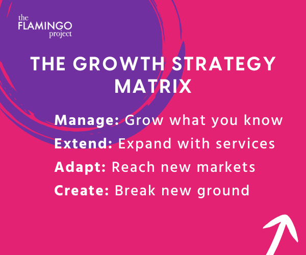 Growth-matrix-02 Graphic showing the four growth moves: Manage, Extend, Adapt, Create.