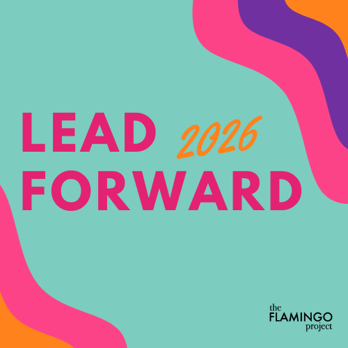 Turquoise box with the words LeadForward 2026 and the Flamingo Project logo
