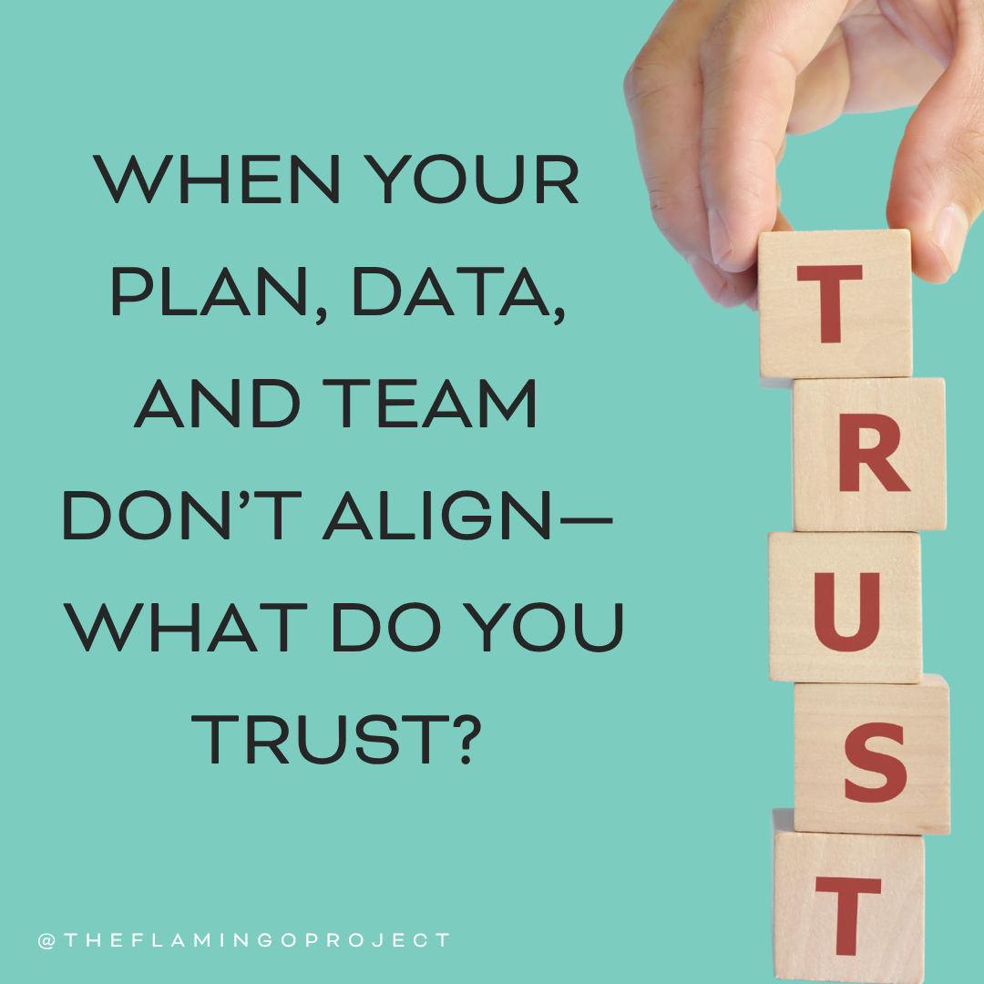 Graphic reading “When your plan, data, and team don’t align—what do you trust?” with stacked blocks spelling “trust”