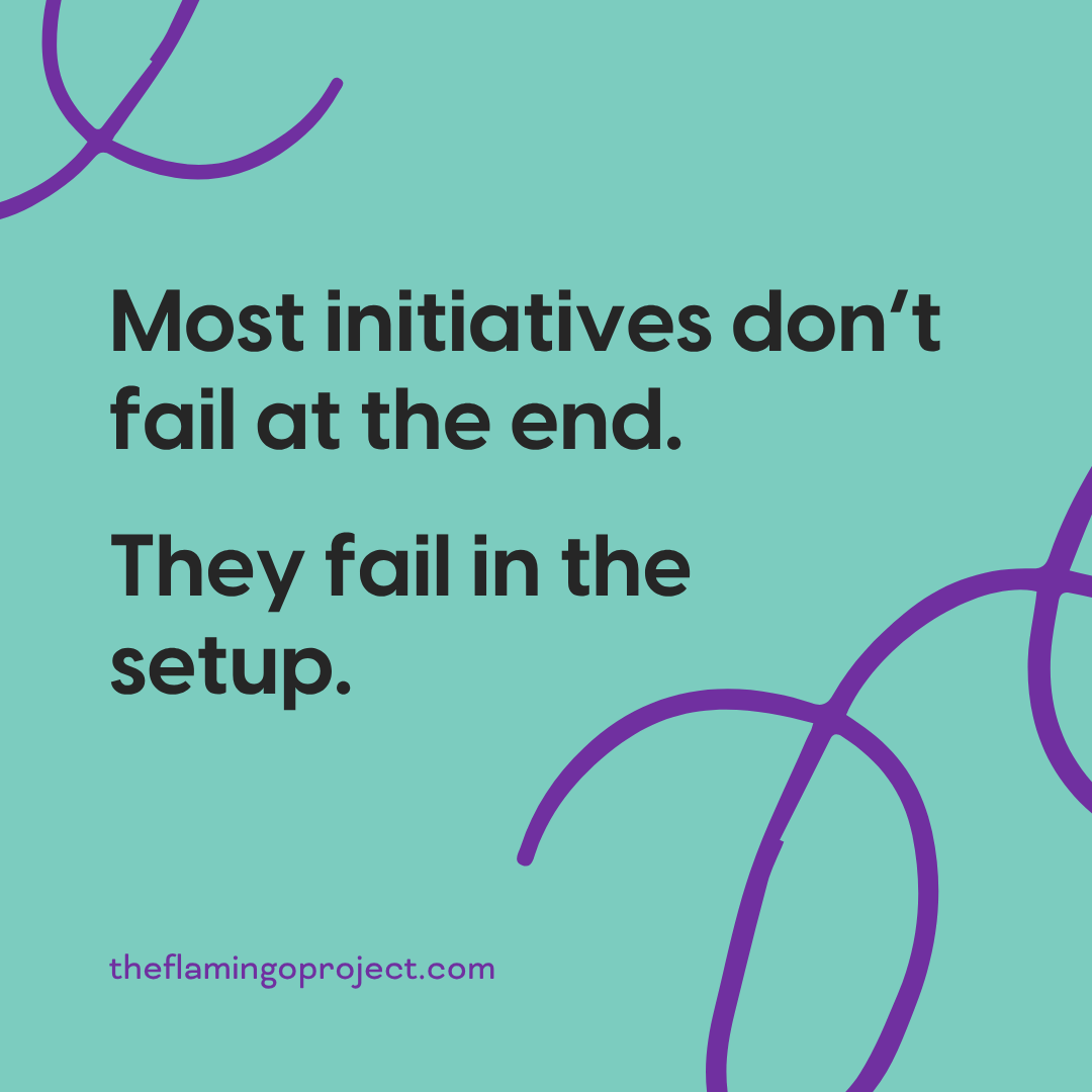 Graphic reading “Most initiatives don’t fail at the end. They fail in the setup.” with The Flamingo Project branding