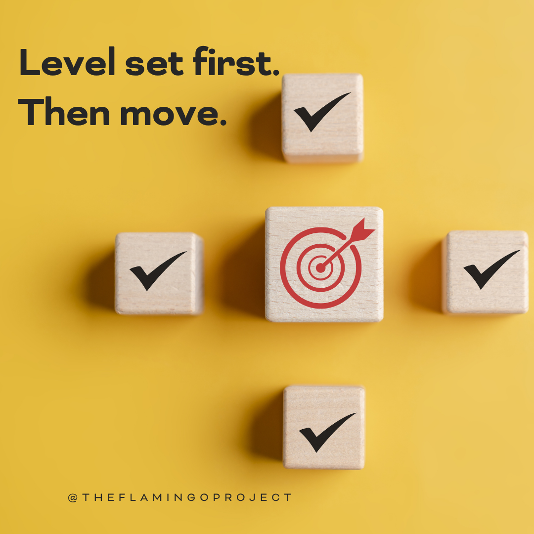 Graphic reading “Level set first. Then move.” with visual of checkmarks and target