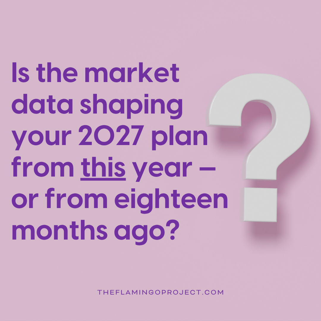 Quote graphic on lavender background with a question mark icon, asking whether 2027 planning data is current or eighteen months old, from The Flamingo Project's Fall Planning blog