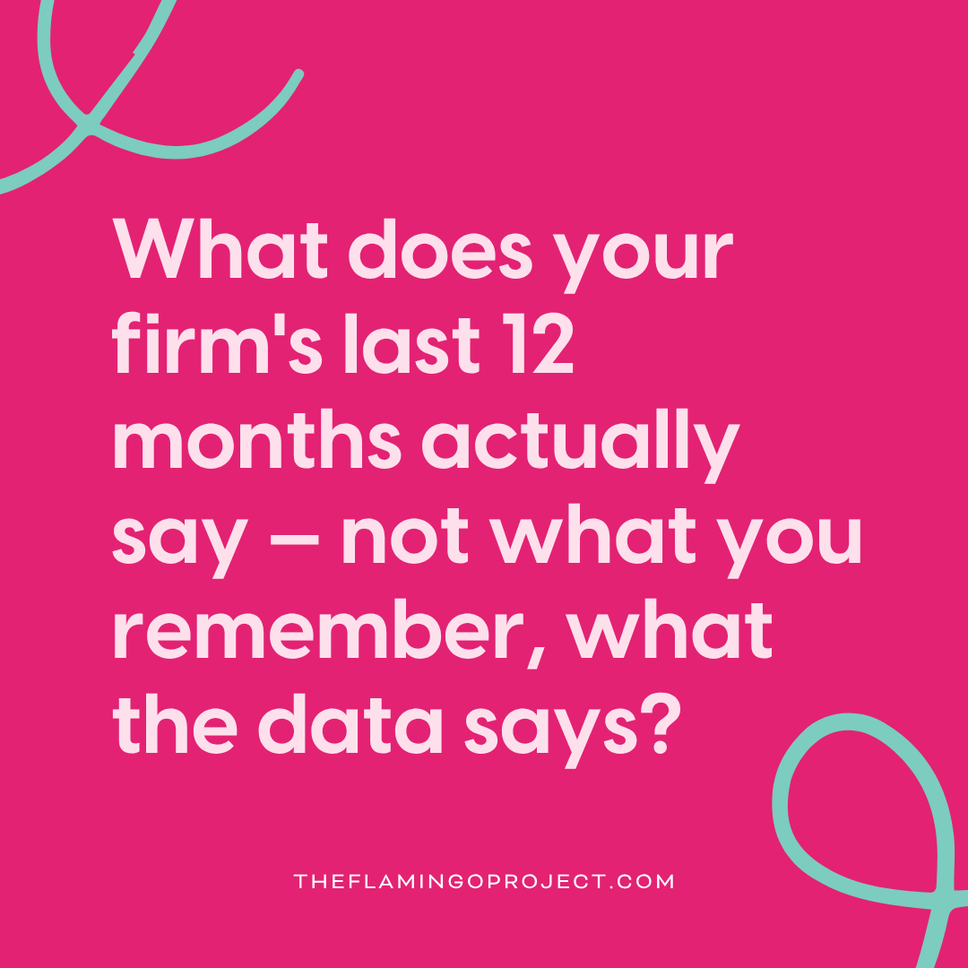 Quote graphic on pink background asking what a firm's last 12 months of data actually says, versus what leadership remembers, from The Flamingo Project's Fall Planning blog