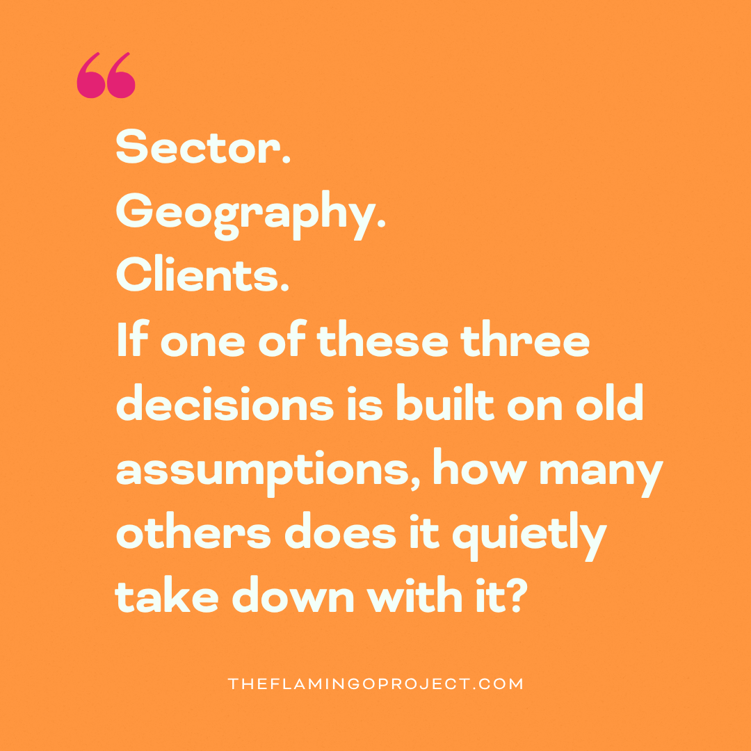 Quote graphic on orange background reading sector, geography, clients, asking how many planning decisions one bad assumption can take down, from The Flamingo Project's Fall Planning blog