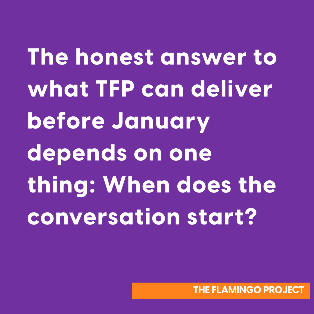 Quote graphic on purple background stating that the honest answer to what TFP can deliver before January depends on one thing, when does the conversation start, from The Flamingo Project's Planning Season FAQ blog