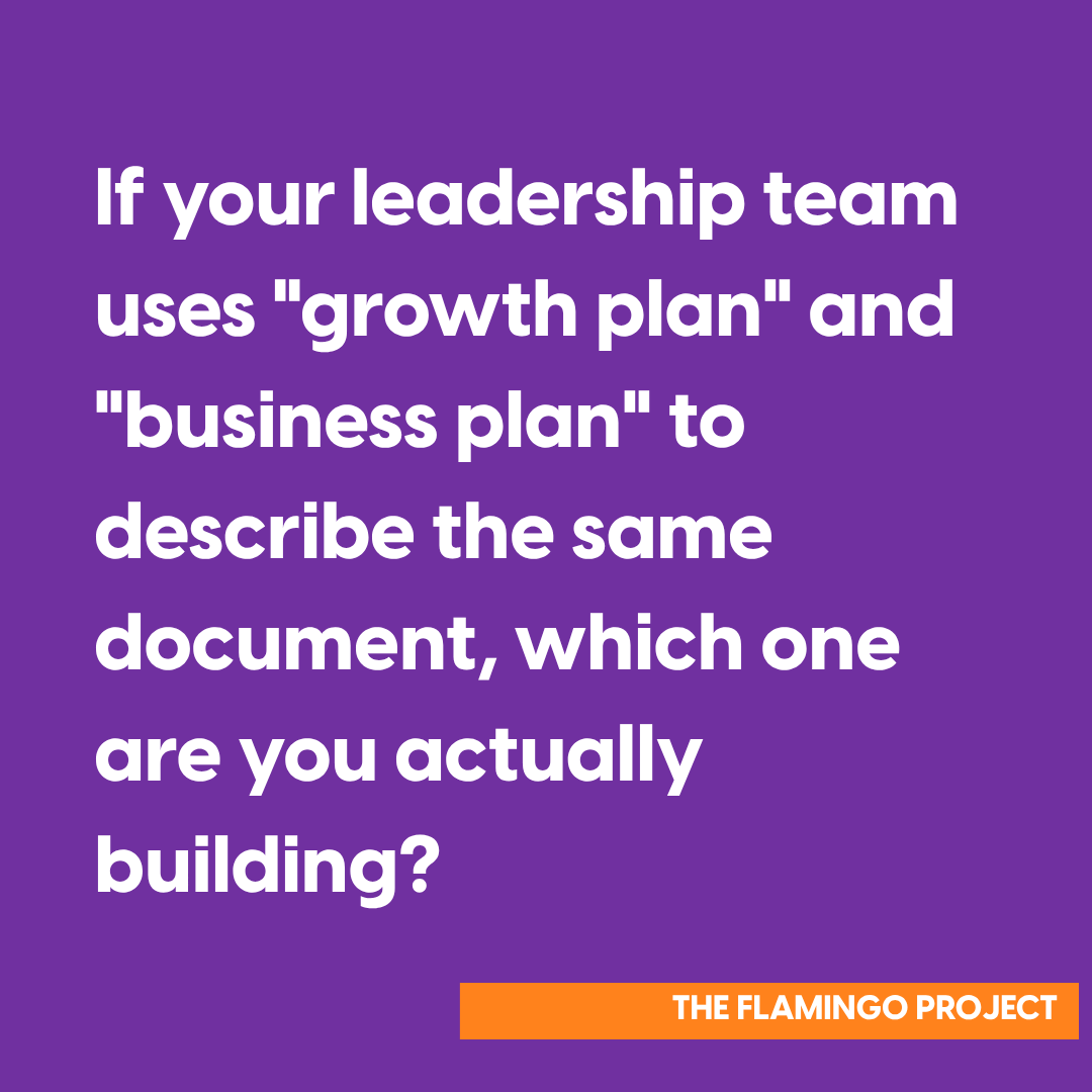 Quote graphic on purple background asking AEC leaders which plan they are actually building if their team uses growth plan and business plan interchangeably, from The Flamingo Project's Planning Season FAQ blog