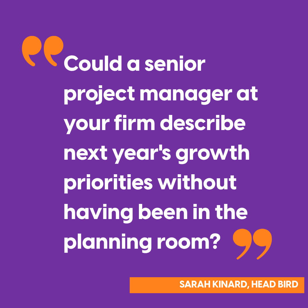 Quote graphic on purple background with orange quotation marks, Sarah Kinard, Head Bird at The Flamingo Project, asking whether a senior project manager could describe the firm's growth priorities without having been in the planning room